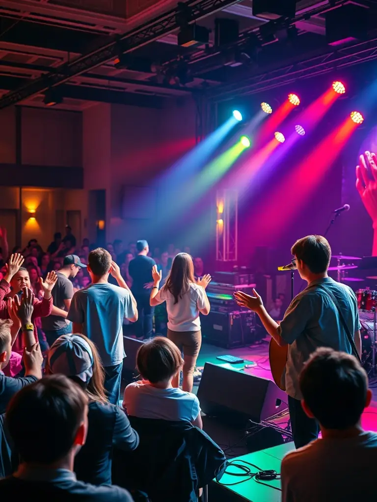 A dynamic photo of a live performance organized by OMNIVOX, capturing the energy and excitement of emerging artists showcasing their talent to an enthusiastic audience.