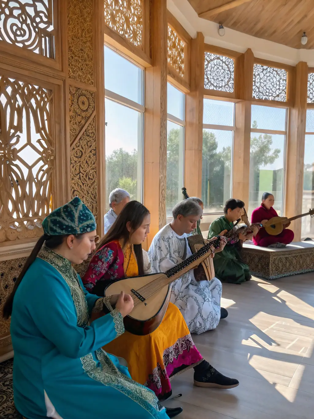 A vibrant image of a community music workshop, showing diverse participants engaged in learning and playing instruments together, reflecting OMNIVOX's commitment to accessible music education.